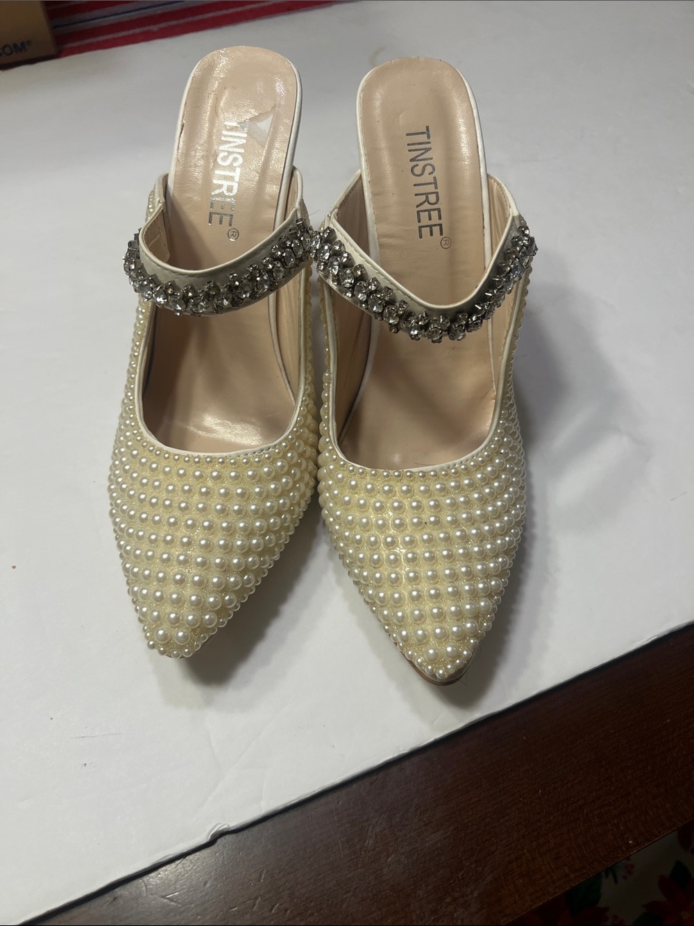 Tinstree Pearl-Embellished Cream Pointed-Toe Mules with Jeweled Strap